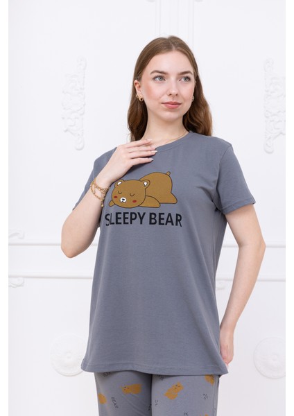 Kadın Ayıcık Desenli Pijama Takımı Gri