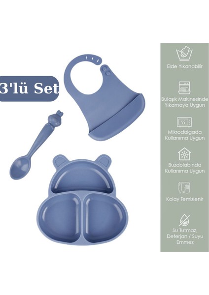 Elite 3'lü Silikon Mama Seti Beslenme Seti - Silikon Mama Önlüğü, Vakum Tabanlı Mama Tabağı,mama Kaşığı 1 Adet