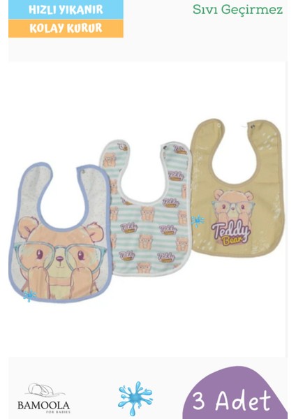 Elite 3 Adet Gözlüklü Ayıcık Desenli Bebek Mama ve Salya Önlüğü - (Sıvı Geçirmez - Microfiber - Çıtçıtlı) 1 Adet
