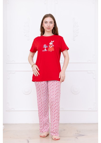 Kadın Tavşan Desenli Pijama Takımı Kırmızı