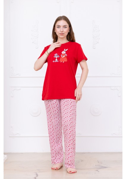 Kadın Tavşan Desenli Pijama Takımı Kırmızı fırsatları