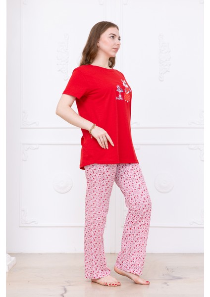 Kadın Tavşan Desenli Pijama Takımı Kırmızı indirimleri