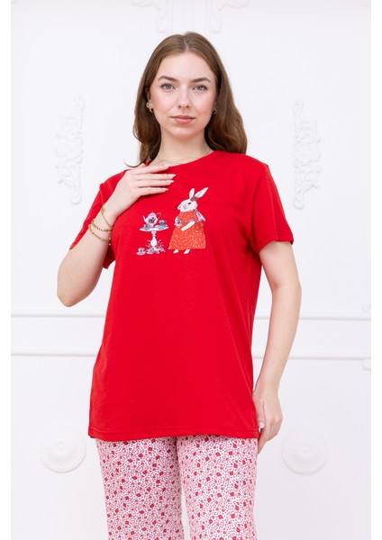 Kadın Tavşan Desenli Pijama Takımı Kırmızı
