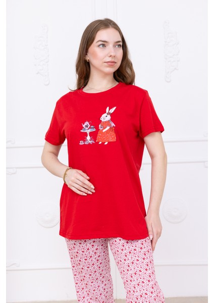 Kadın Tavşan Desenli Pijama Takımı Kırmızı