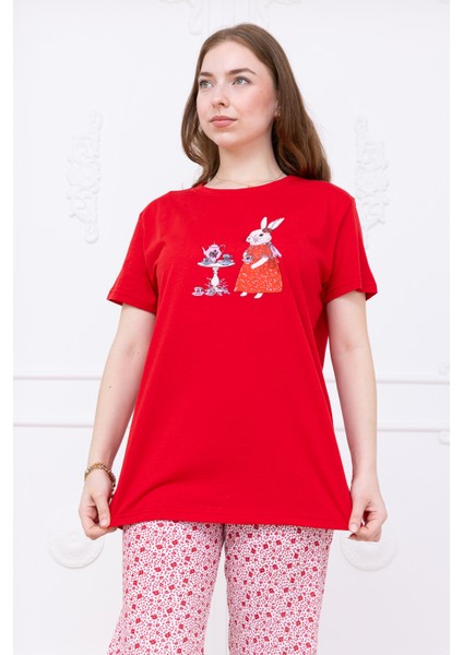 Kadın Tavşan Desenli Pijama Takımı Kırmızı