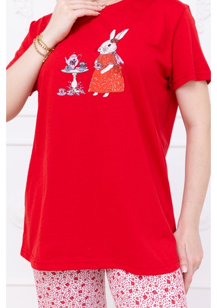 Kadın Tavşan Desenli Pijama Takımı Kırmızı