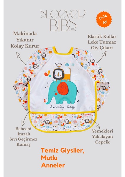 Elite Uzun Kollu Giyilebilir Sevimli Fil-Arabalı Desen Sıvı Geçirmez Aktivite ve Mama Önlüğü 6-24 Ay 1 Adet fiyatları