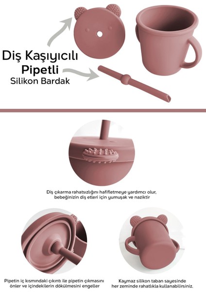 Elite Sızdırmaz Kapaklı , Silikon Pipetli Bebek Alıştırma Bardağı, Silikon Bebek Beslenme Bardağı-Pembe 1 Adet
