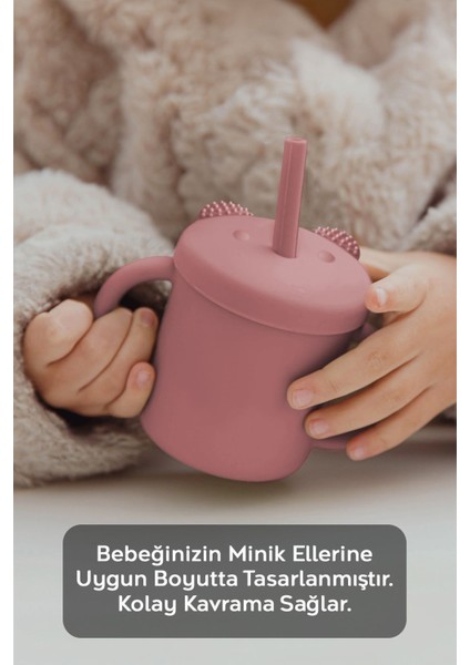 Elite Sızdırmaz Kapaklı , Silikon Pipetli Bebek Alıştırma Bardağı, Silikon Bebek Beslenme Bardağı-Pembe 1 Adet