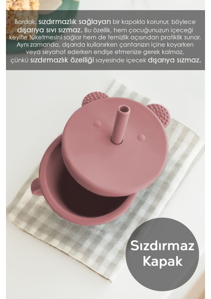 Elite Sızdırmaz Kapaklı , Silikon Pipetli Bebek Alıştırma Bardağı, Silikon Bebek Beslenme Bardağı-Pembe 1 Adet