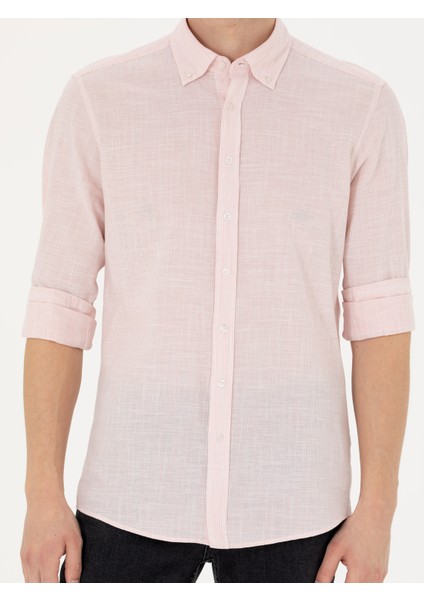 Erkek Somon Slim Fit %100 Pamuk Çizgili Gömlek 50253923-VR047