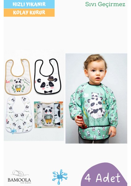 Elite 4'lü Panda Desenli Uzun Kollu Bebek Mama Önlüğü (3 Kolsuz + 1 Kollu) 1 Adet