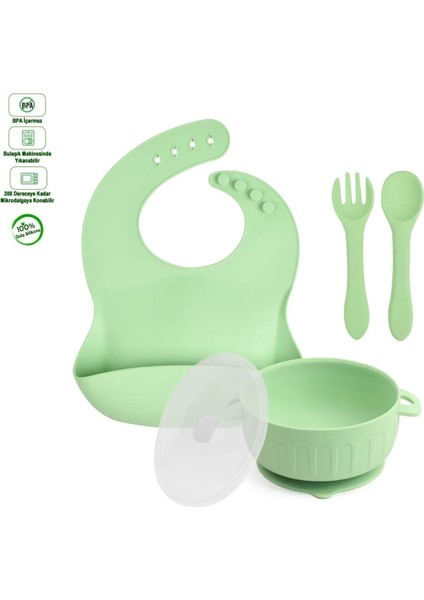 Elite Silikon Beslenme Seti Silikon Vakumlu Kapaklı Mama Kasesi , Silikon Önlük, Çatal ve Kaşık / Yeşil 1 Adet