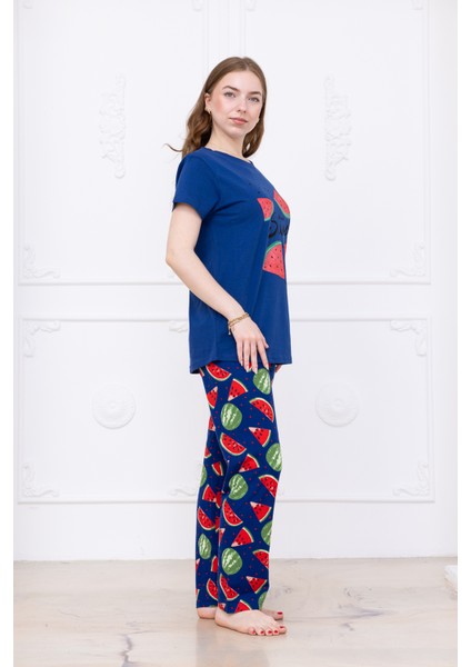 Kadın Karpuz Desenli Pijama Takımı Lacivert modelleri