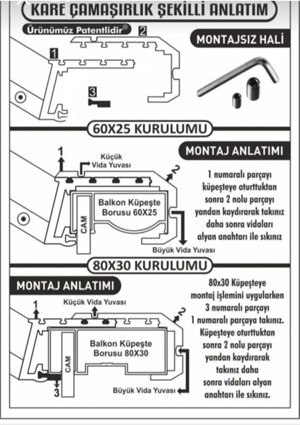 80×30 ve 60×25 mm kare küpeşte çamaşır kurutma askısı, metalik renk, dayanıklı materyal