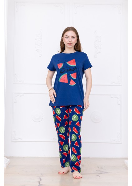 Kadın Karpuz Desenli Pijama Takımı Lacivert