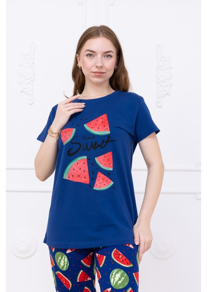 Kadın Karpuz Desenli Pijama Takımı Lacivert