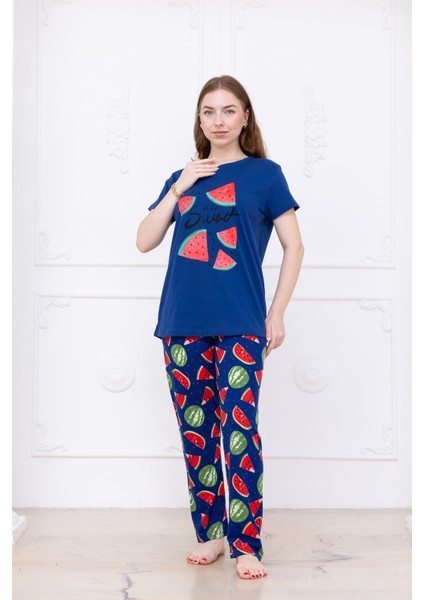Kadın Karpuz Desenli Pijama Takımı Lacivert