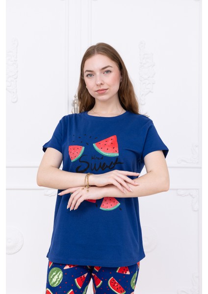 Kadın Karpuz Desenli Pijama Takımı Lacivert