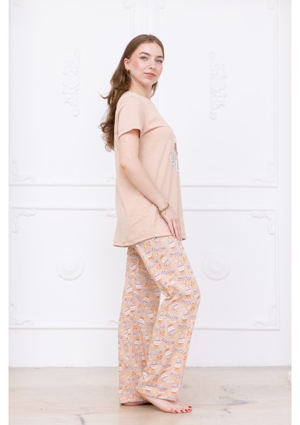 Kadın Kahve Desenli Pijama Takımı Bej fiyatları