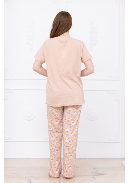 Kadın Kahve Desenli Pijama Takımı Bej