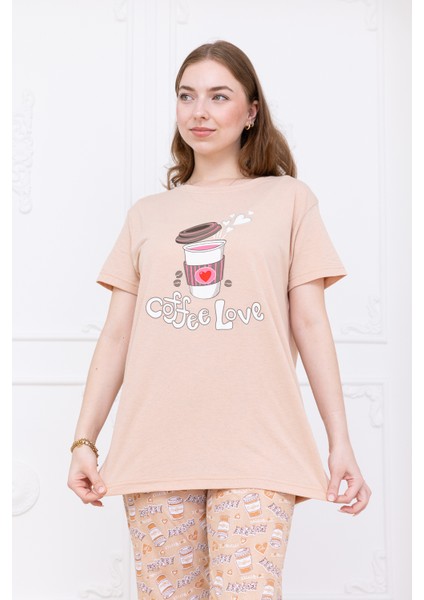 Kadın Kahve Desenli Pijama Takımı Bej