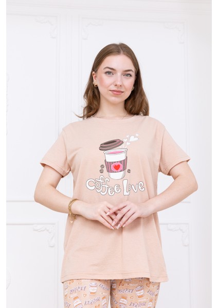 Kadın Kahve Desenli Pijama Takımı Bej