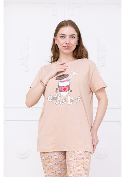 Kadın Kahve Desenli Pijama Takımı Bej
