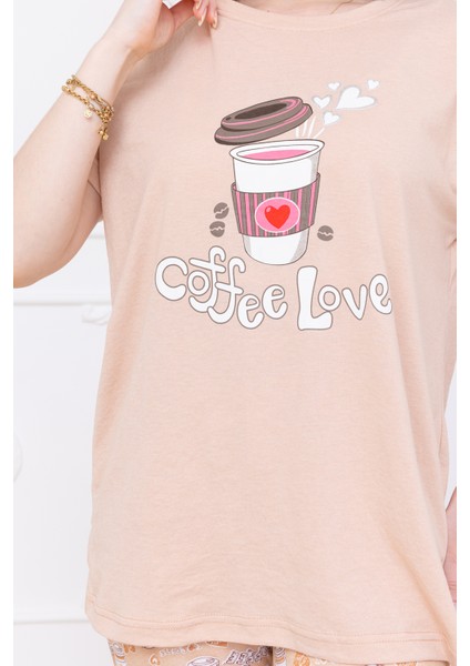Kadın Kahve Desenli Pijama Takımı Bej
