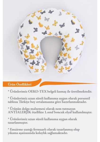 Elite Emzirme Yastığı, Emzirme Önlüğü Set - Pamuklu Kumaş - Sarı Gri Kelebek 1 Adet