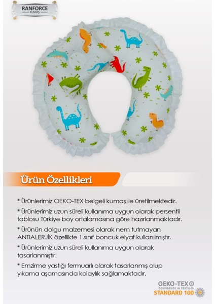 Elite Emzirme Yastığı Minderi -%100 Pamuk-Dinazor Desen Fırfırlı 1 Adet