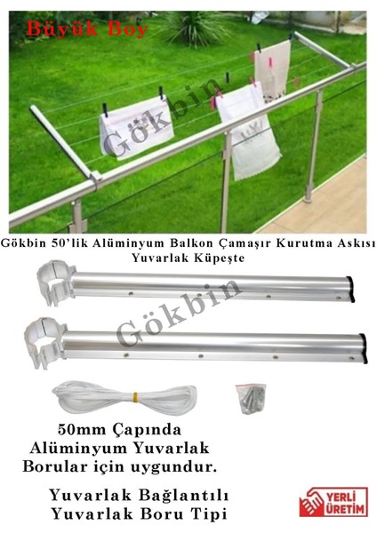 Alüminyum Balkon Çamaşır Askısı 50mm Gümüş Gri Yuvarlak Bağlantı