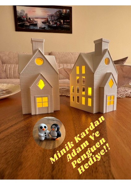 Elite Kış Evleri 2'li Set Dekoratif Noel Evler Tealight Mum, LED Mum Dahil. 1 Adet