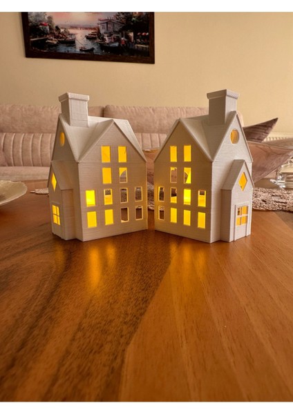 Elite Kış Evleri 2'li Set Dekoratif Noel Evler Tealight Mum, LED Mum Dahil. 1 Adet