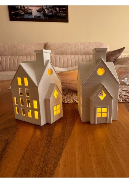 Elite Kış Evleri 2'li Set Dekoratif Noel Evler Tealight Mum, LED Mum Dahil. 1 Adet