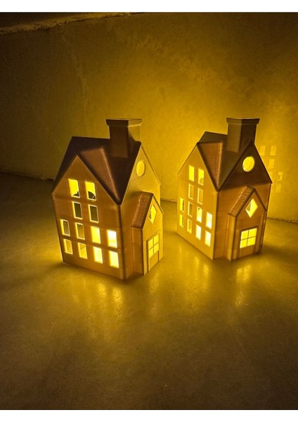 Elite Kış Evleri 2'li Set Dekoratif Noel Evler Tealight Mum, LED Mum Dahil. 1 Adet