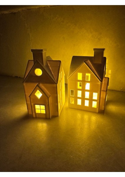 Elite Kış Evleri 2'li Set Dekoratif Noel Evler Tealight Mum, LED Mum Dahil. 1 Adet