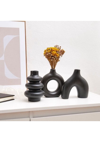 Elite Minimal Biblo Set, 3'lü Siyah Dekoratif Bohem Minyatür Vazo 1 Adet