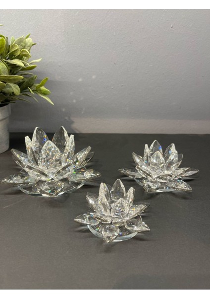 Elite Dekoratif Kristal Cam Üçlü Lotus Mumluk Şeffaf Gümüş 1 Adet