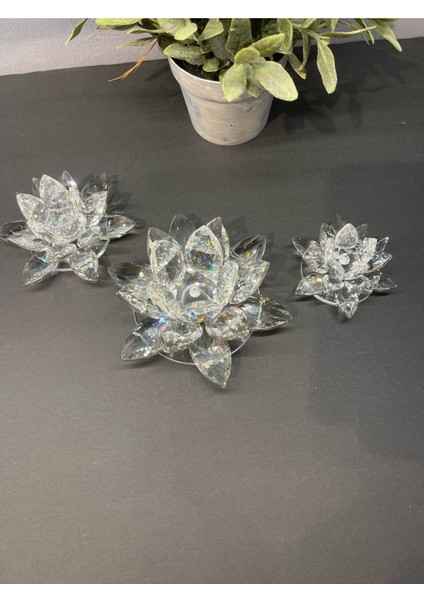 Elite Dekoratif Kristal Cam Üçlü Lotus Mumluk Şeffaf Gümüş 1 Adet modelleri