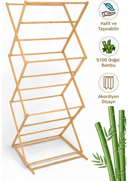 Katlanabilir Bambu Çamaşır Kurutmalık, 3 Katlı, Ahşap, Kahverengi, Dayanıklı Tasarım