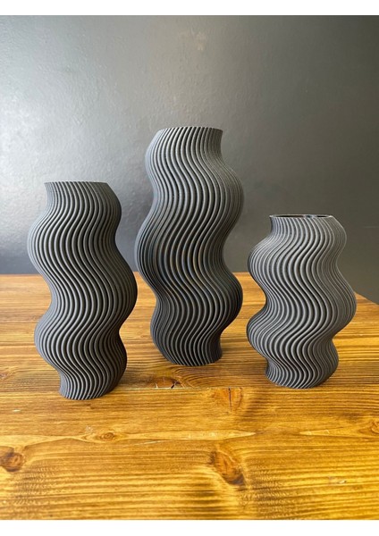 Elite Wavy Vase Siyah Vazo Üçlü Set -Dekoratif Vazo-Şık Tasarım Vazo Seti-Ev Hediyesi- Oda Dekorasyonu 1 Adet