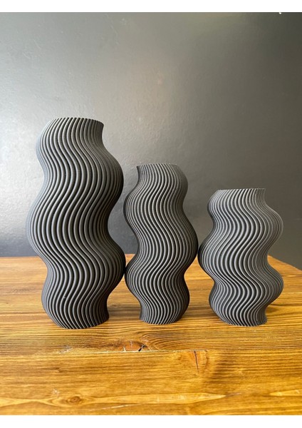Elite Wavy Vase Siyah Vazo Üçlü Set -Dekoratif Vazo-Şık Tasarım Vazo Seti-Ev Hediyesi- Oda Dekorasyonu 1 Adet