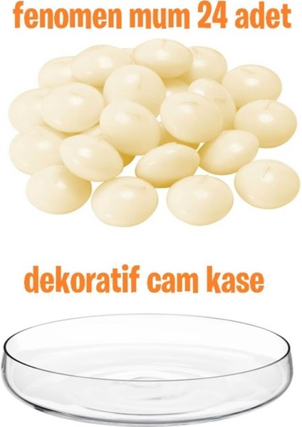 Elite 26 x 26 Dekoratif Cam Kase ve Yüzen Fenomen Mum (24 Adet) Yuvarlak Modern Cam Kase 1 1 Adet