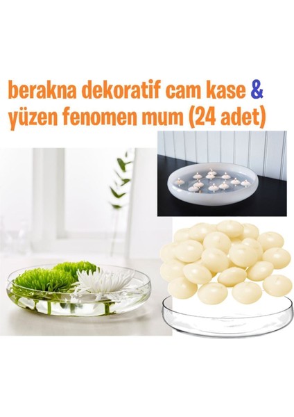 Elite 26 x 26 Dekoratif Cam Kase ve Yüzen Fenomen Mum (24 Adet) Yuvarlak Modern Cam Kase 1 1 Adet