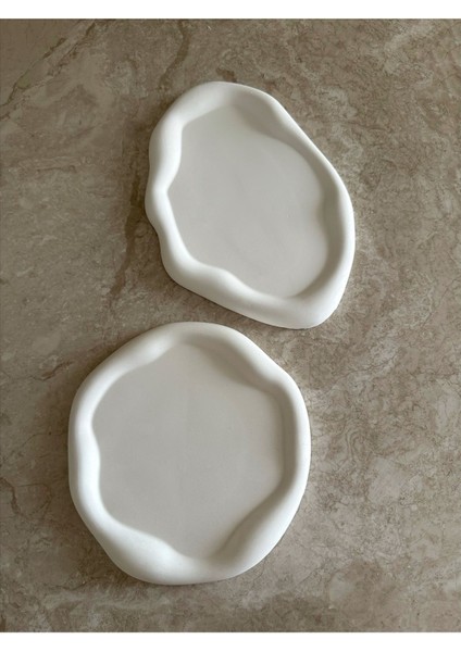 Elite Bulut Görünümlü Yuvarlak ve Oval 2li Dekoratif Tabak / Beton Tepsi 1 Adet