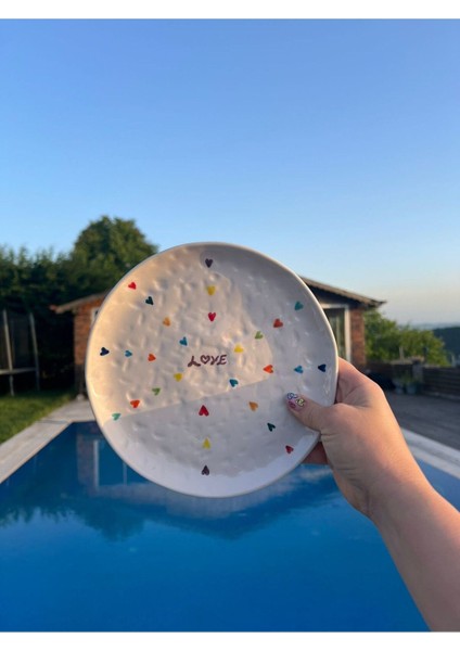 Elite 4 Adet Dokulu Love Renkli Kalpli 21CM Pasta Tabağı 1 Adet