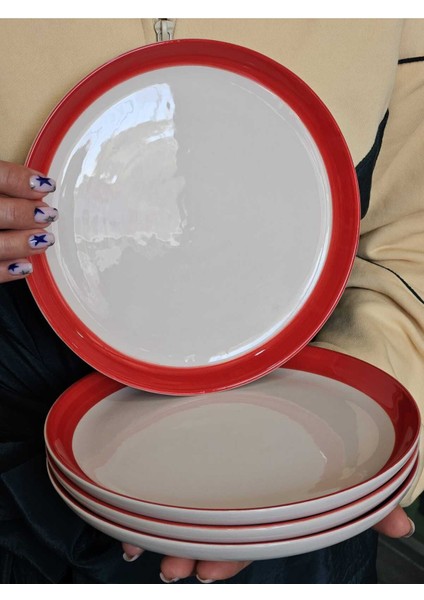 Elite 4 Adet Kalın Kırmızı Çizgili 21CM Pasta Tabağı 1 Adet