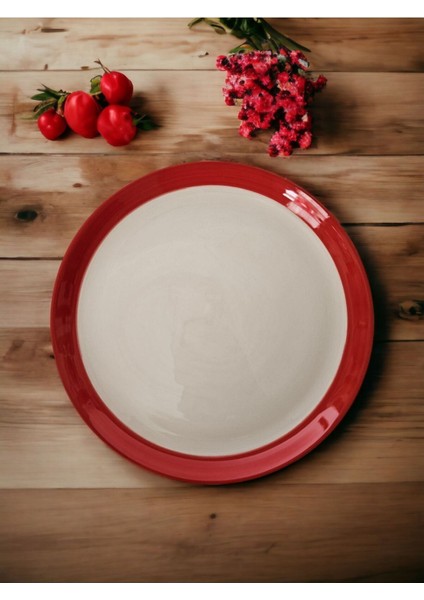 Elite 4 Adet Kalın Kırmızı Çizgili 21CM Pasta Tabağı 1 Adet