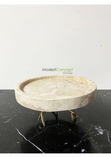 Elite Doğal Traverten Mermer Ayaklı Sunum, Mermer Gold Ayaklı Tepsi 20CM 1 Adet